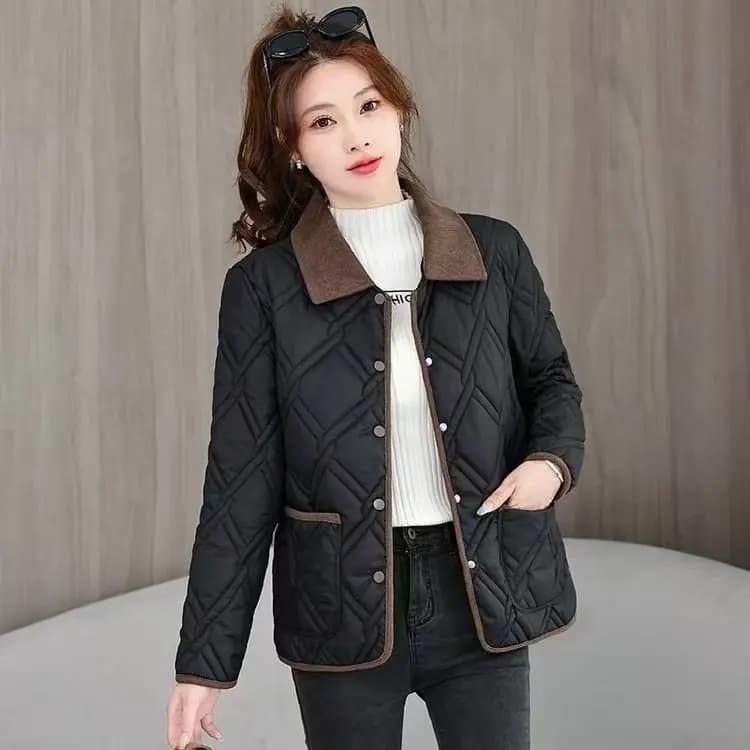 Lightweight Cotton Jacket Autumn Winter Casual Style Collared Ladies Fashion Color Block Slimming Outerwear New Arrival