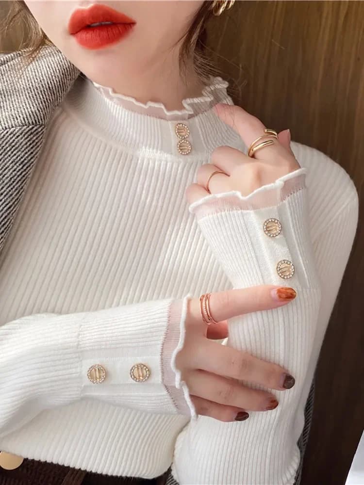 Maglione base a collo mezzo alto da donna 2025 autunno e inverno nuovo top lavorato a maglia slim fit con maglione con bordi in pizzo