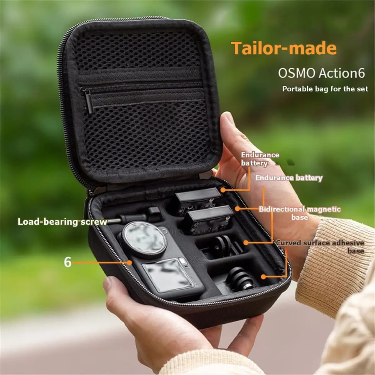 N94R Travel bag for camera Action 6, shockproof and water repellent housing with padded inner compartments