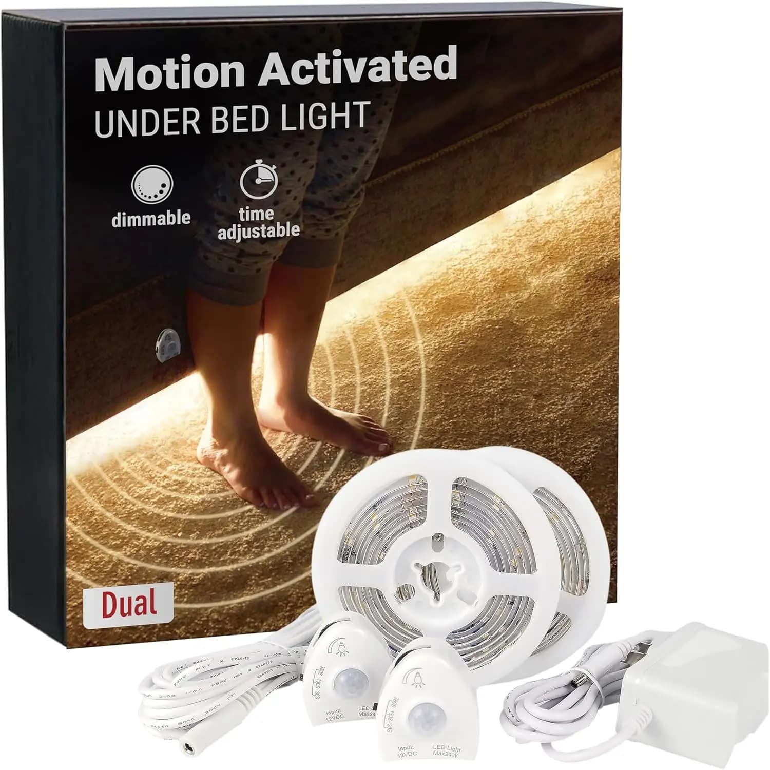 Motion sensor for lights under the bed, night light with dimmable LED strip, 12 V, hot white - Double kit 2 x 5 feet