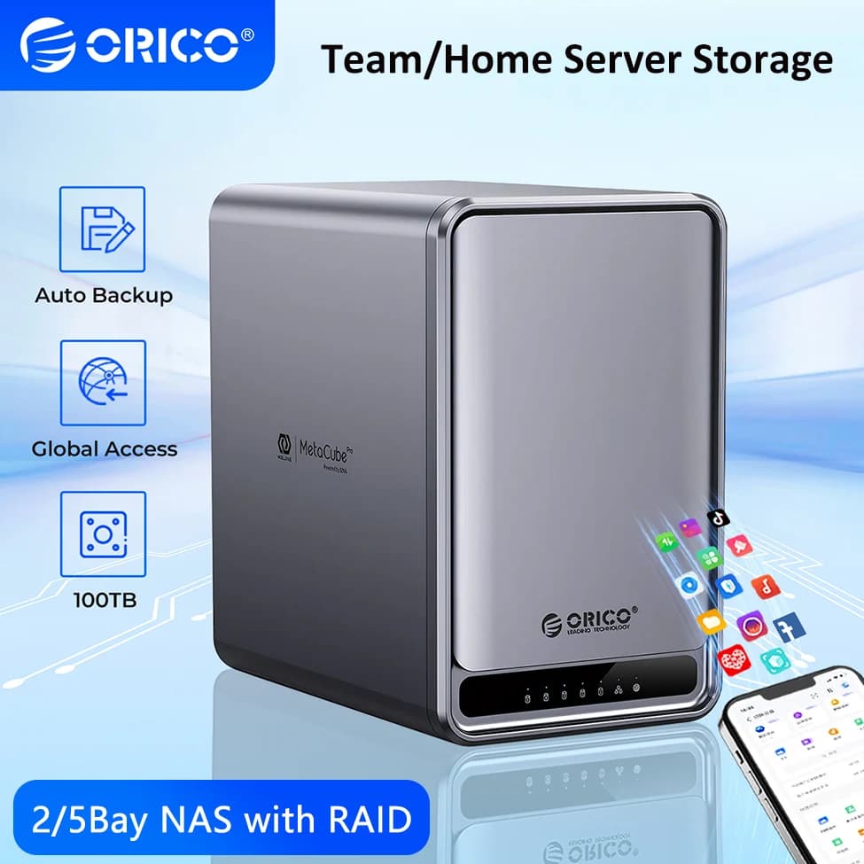 ORICO 2/5 Bay NAS Server Archiviazione attaccata Sistema di rete cloud domestico RAID 2.5/3.5" Custodia per disco rigido SATA SSD HDD Custodia esterna