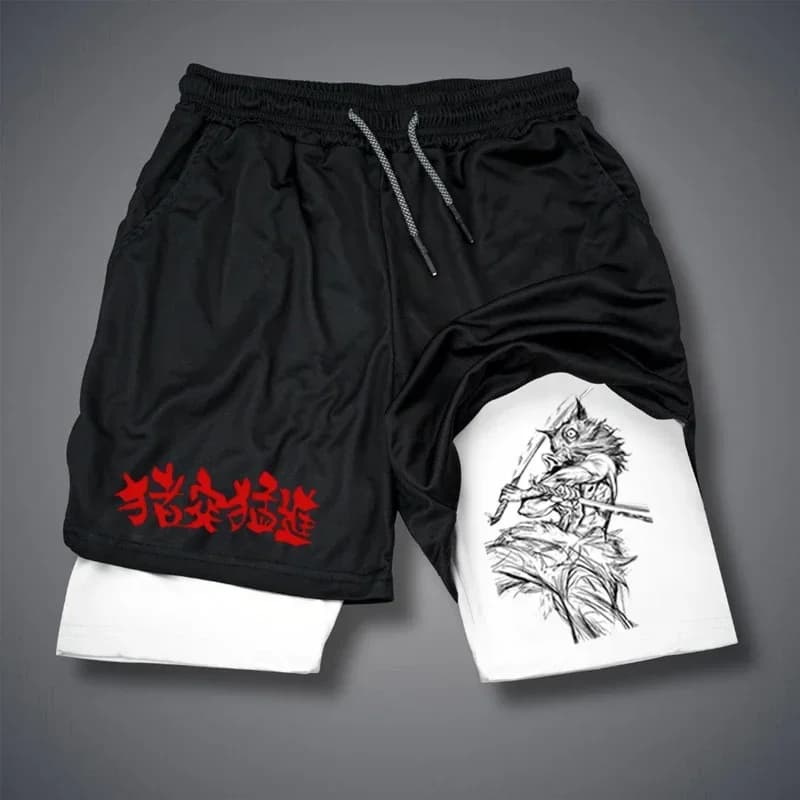 Summer sports shorts 2 in 1 by Demon Slayer man, new double layer shorts with Inosuke anime print, for swimming and running, fast drying