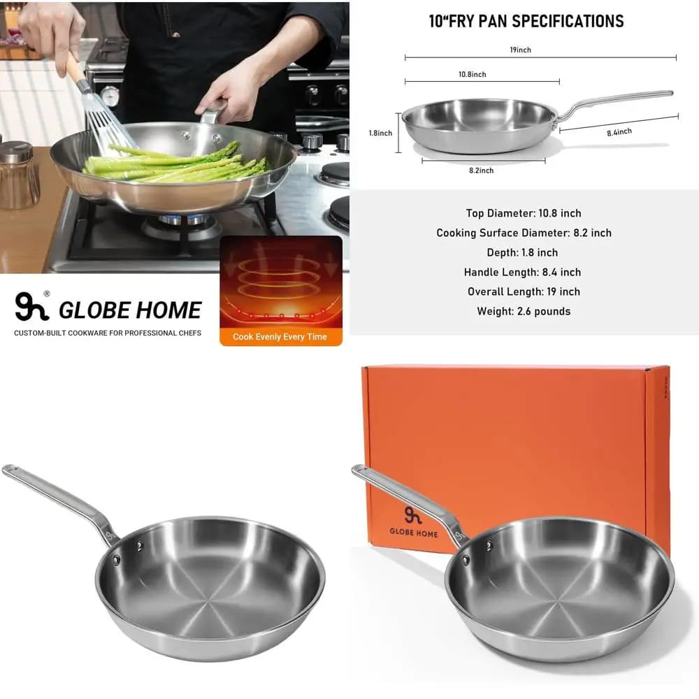 10 5 layer stainless steel pans with aluminum core for uniform heat, compatible with induction and all stoves, suitable for oven, dishwasher