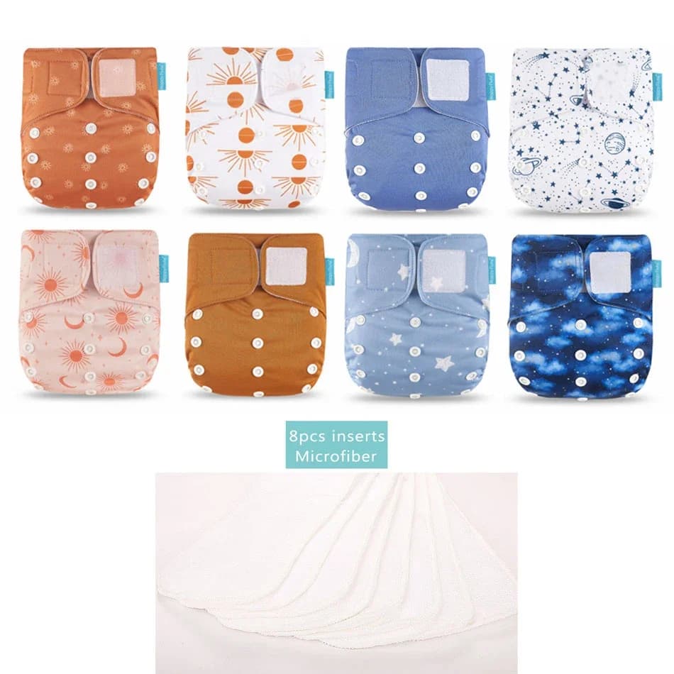 HappyFlute 8 pannolini + 8 inserti Pannolini di stoffa per bambini Taglia unica Pannolino di stoffa riutilizzabile lavabile regolabile per neonate e ragazzi