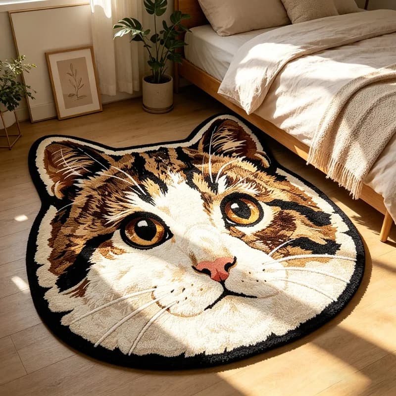 Tappeto Creativo a Forma di Gatto Cartone Animato, Divertente e Adorabile, Irregolare, per Camera da Letto, Morbido e Confortevole, Tappetino Decorativo per la Casa