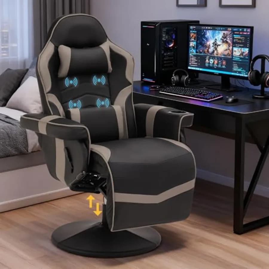 Poltrona da Gaming Reclinabile per Adulti: Pelle PU, Grigia, Altezza Regolabile, Massaggio Integrato, Poggiapiedi Estensibile, Supporto Lombare