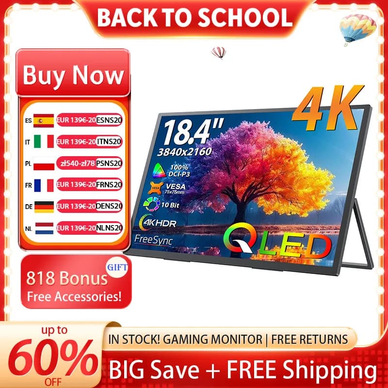 UPERFECT 18,4 pollici 4K QLED Portable Monitor Gaming 3840 * 2160 Computer Display FreeSync HDR Ultra-Slim Eye Care Travel Extend Screen Per PS5 / 4 Switch Laptop PC Mac Xbox Con VESA Regola Stand