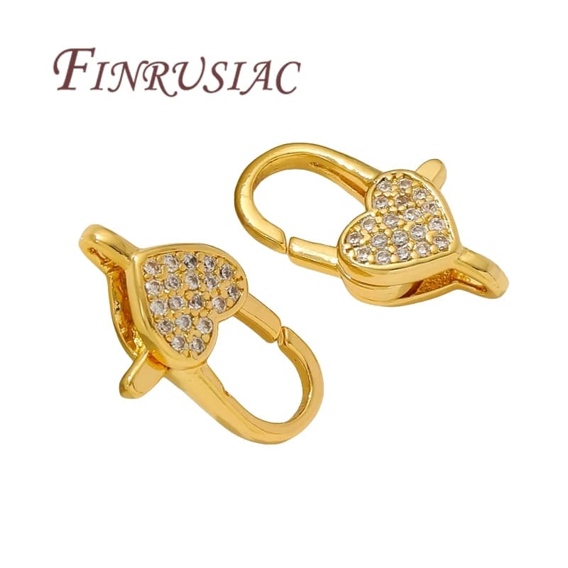 Chiusure a moschettone placcate oro 18 carati, chiusure a forma di cuore in ottone con zirconi per gioielli, chiusure per accessori di bracciali, chiusura per collane