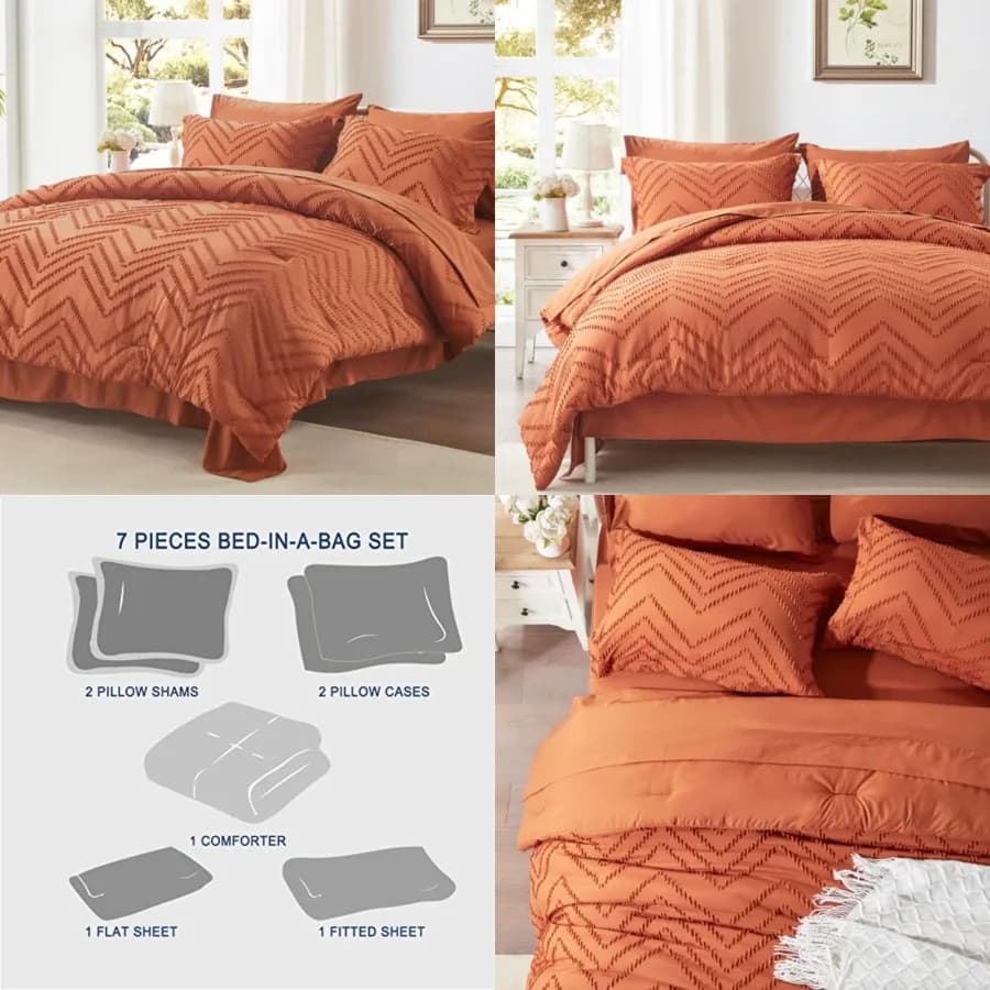 Set Copripiumino, Arancione Bruciato, Set Completo per Letto 7 Pezzi con Copripiumino, 2 Federe, 2 Fodere per Cuscini, 1 Lenzuolo Piatto, 1 Lenzuolo con Angoli