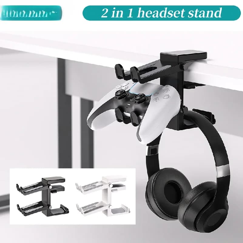 Supporto per cuffie da gaming 2 in 1 per PC, regolabile, salvaspazio, con morsetto laterale per scrivania, supporto per auricolari.