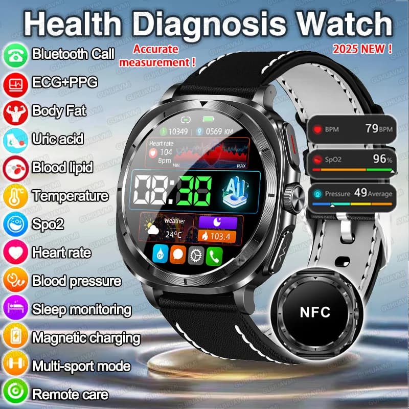 Nuovo ECG Diagnosi Laser Pressione Sanguigna Smart Watch Acido Urico Monitor per Organo Lipido Orologio NFC Chiamata Salute Orologi da Uomo 2025