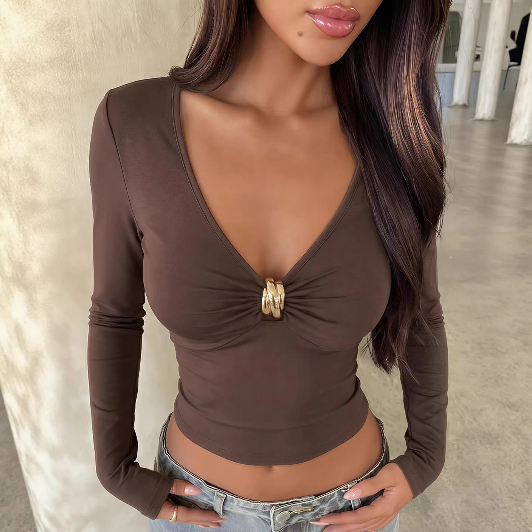 Sexy Deep V Neck Metal Buckle Twisted Tank Top Women Long sleeved Bare Midriff Halter Crop Tops Female Tube Top Cropped Vest