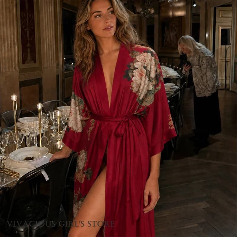 Print Flower Wedding Robe Female Bathrobe Kimono Gown Spring Summer New Sleepwear Nightgown Elegant Satin Home Dress Loungewear