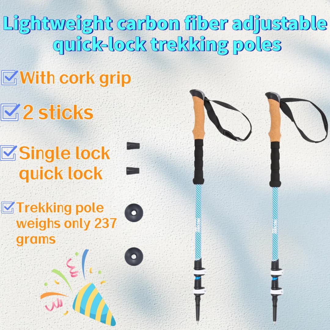 Light Carbon Fiber Trekking Sticks with Adjustable Fast Closure - Pack of 2 with cork handle for hiking and hiking