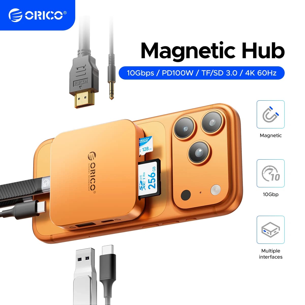 ORICO Box Esterno Magnetico M.2 2230 NVMe SSD 10Gbps USB-C con Docking Station 4K60HZ HDMI-COM SD/TF e Caricatore PD 100W per iPhone 17