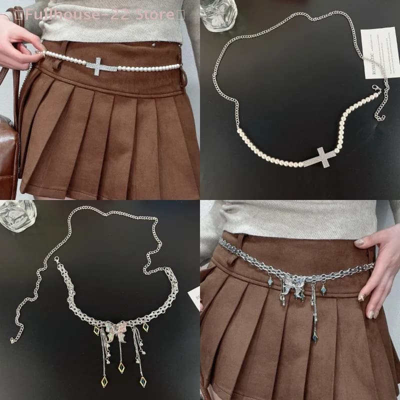 【MAX-22】Catena per la vita con nappe a farfalla, stile Y2K, con perle finte, accessori vintage per jeans e gonne