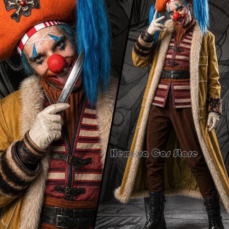 Costume da Capitano Pirata Buggy il Clown per Carnevale - Set Completo con Mantello + Cappello + Naso Rosso + Sciarpa + Pantaloni, Set per Cosplay di Halloween per Adulti
