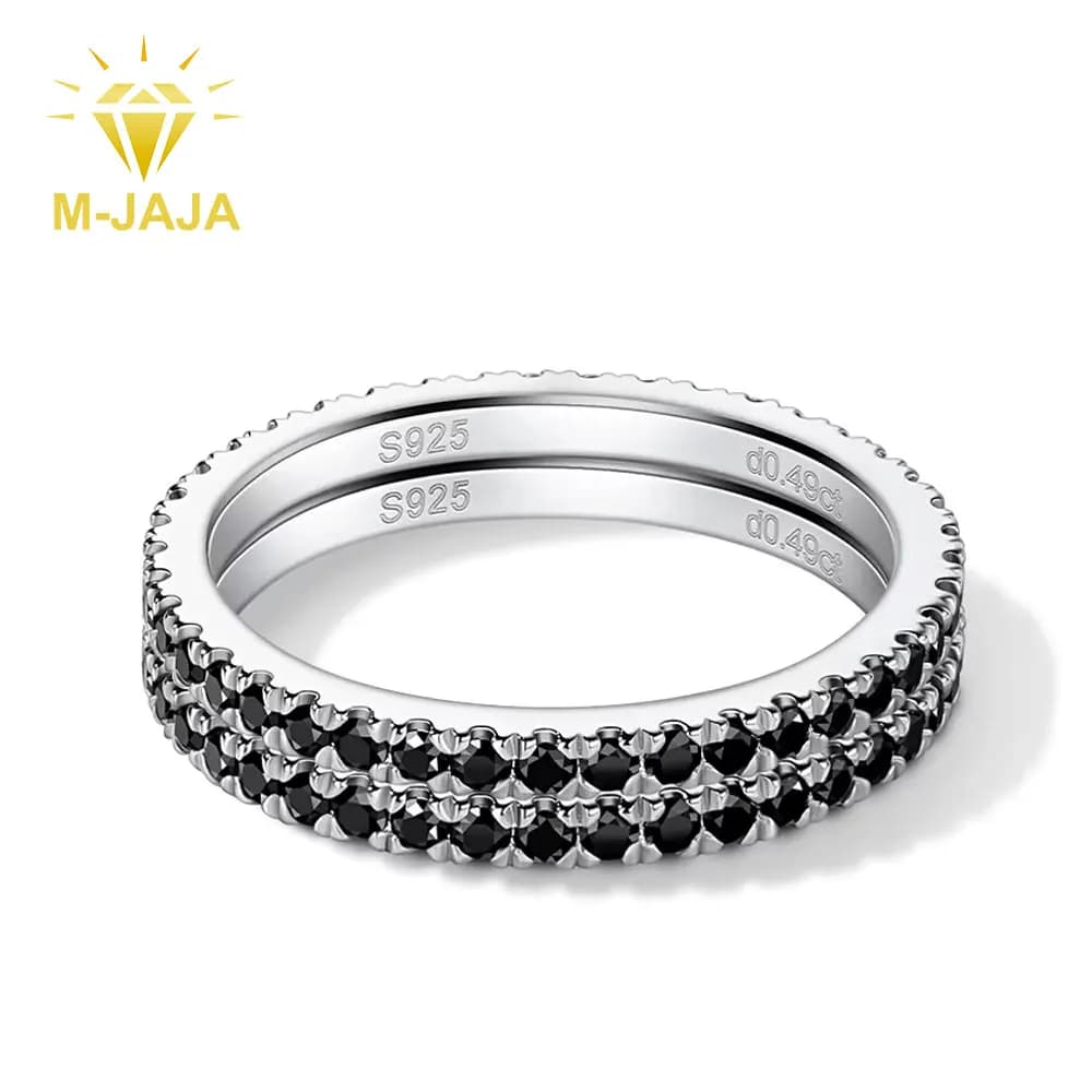 M-JAJA S925 Sterling Silver Black Moissanite Eternity Band Ring Gold Plated Diamond Stackable Ring Fine Jewelry Gift for Women