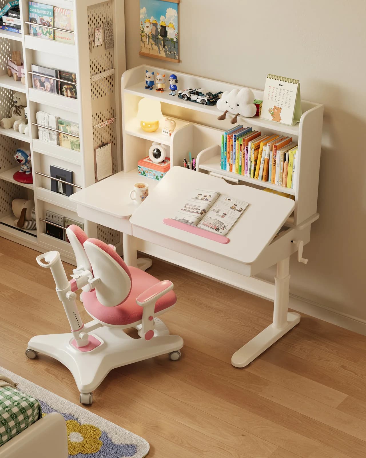 Scrivania per Bambini Multifunzionale in Legno Massello con Libreria, Lampada per la Protezione degli Occhi e Altezza Regolabile