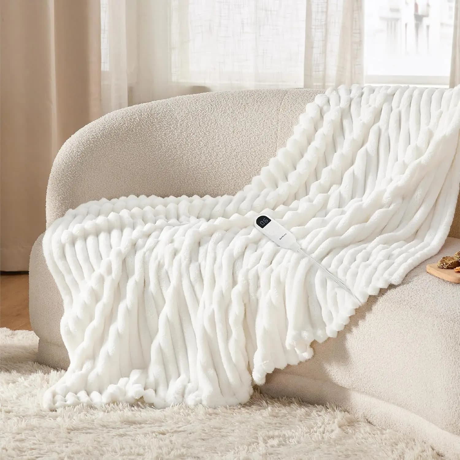 Coperta elettrica riscaldata con timer, 4 tempi e 6 impostazioni di calore, spegnimento automatico, flanella bianca (50x60 pollici)
