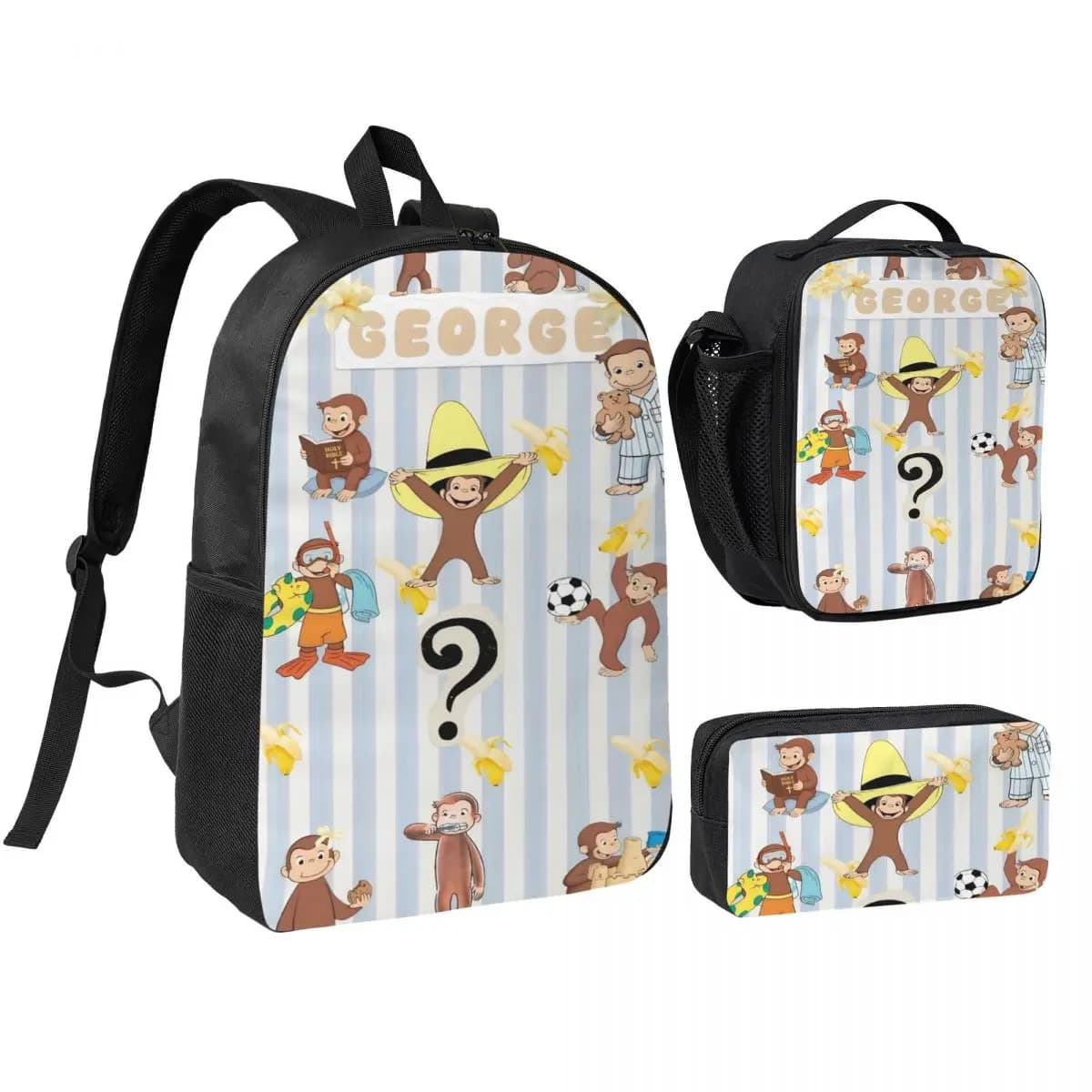 3Pcs Curious George African Monkey Backpack Set for Pencil Boxes Bookbag Sets with Lunch Box For School Students Knapsack