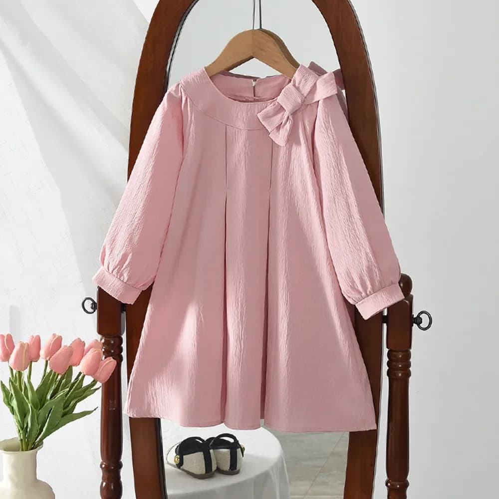 Fashionable New Solid Color Children's Clothing 2025 Autumn Pink Sweet and Cute Girls' Casual Dresses Bow Long Sleeved Dress