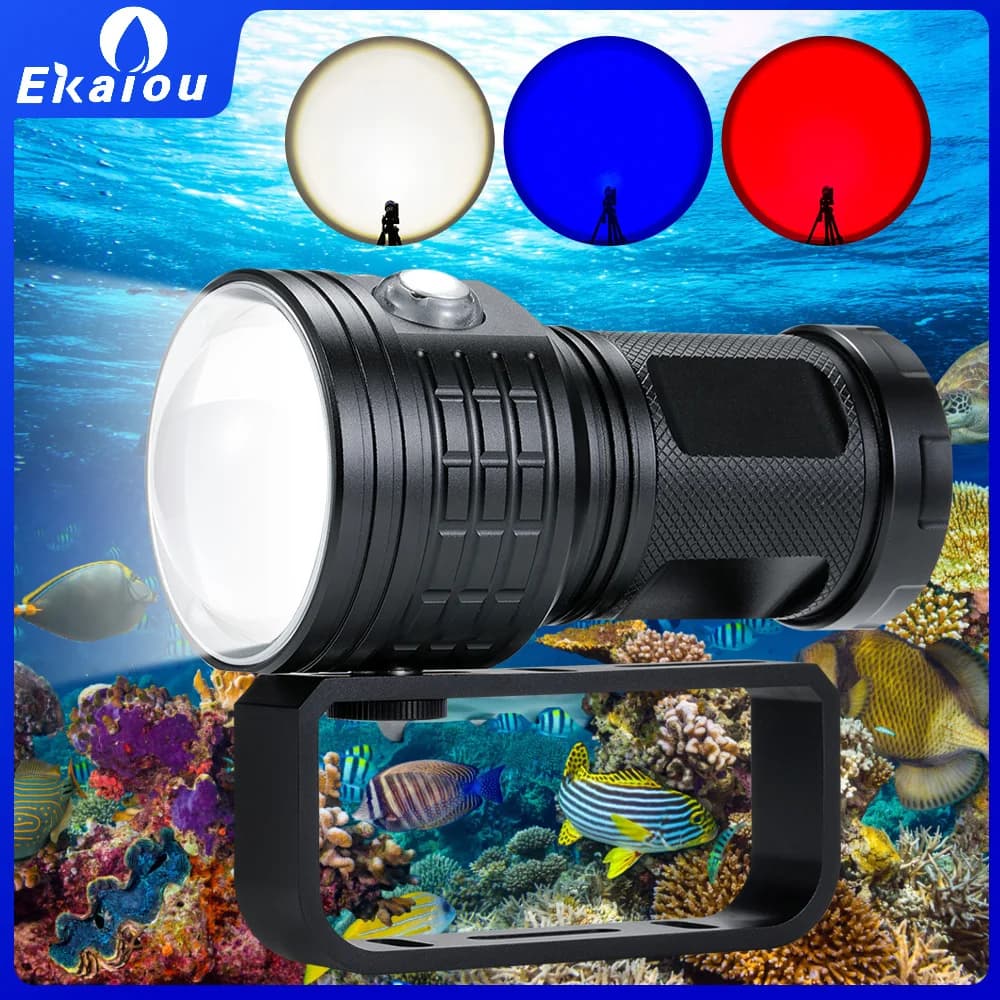 Torcia subacquea professionale COB da 80 W Rosso Blu Luce bianca Fotografia Luce di riempimento Ad alta potenza 100 metri Subacquea Grotta Dive