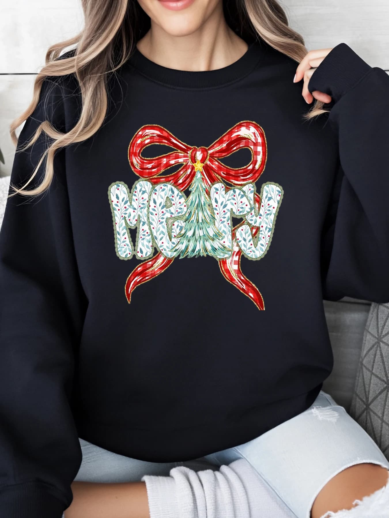 Felpa con stampa di buon Natale con fiocco per albero di Natale, da donna, per feste, abbigliamento casual, nero, taglie forti