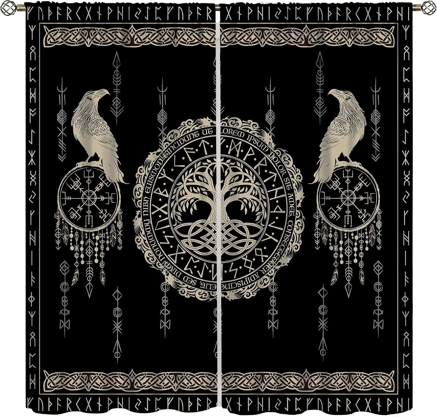 Norse Viking Raven Tree of Life Curtains 2 Panels, Rune Vegvisir Celtic Knot Dreamcatcher Drapes for Dark Gothic Room Decor