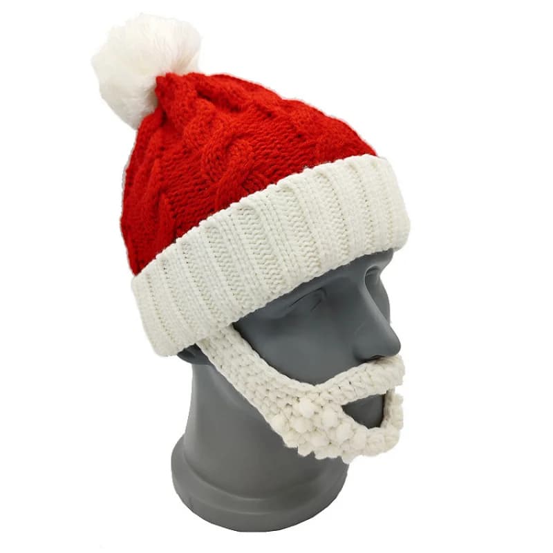 Uomo Donna Natale Cappello lavorato a maglia Babbo Natale rosso e bianco Vacanza Decorazione di Capodanno Berretto da barba con pompon