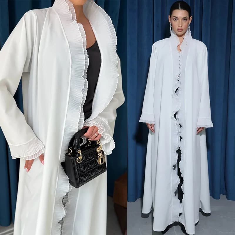 Abito Abaya per Eid, Abiti Musulmani da Donna di Dubai per Ramadan, Abaya Aperta, Vestito Jalabiya con Volant, Cardigan, Tunica, Caftano Marocchino, Vestiti Islamici