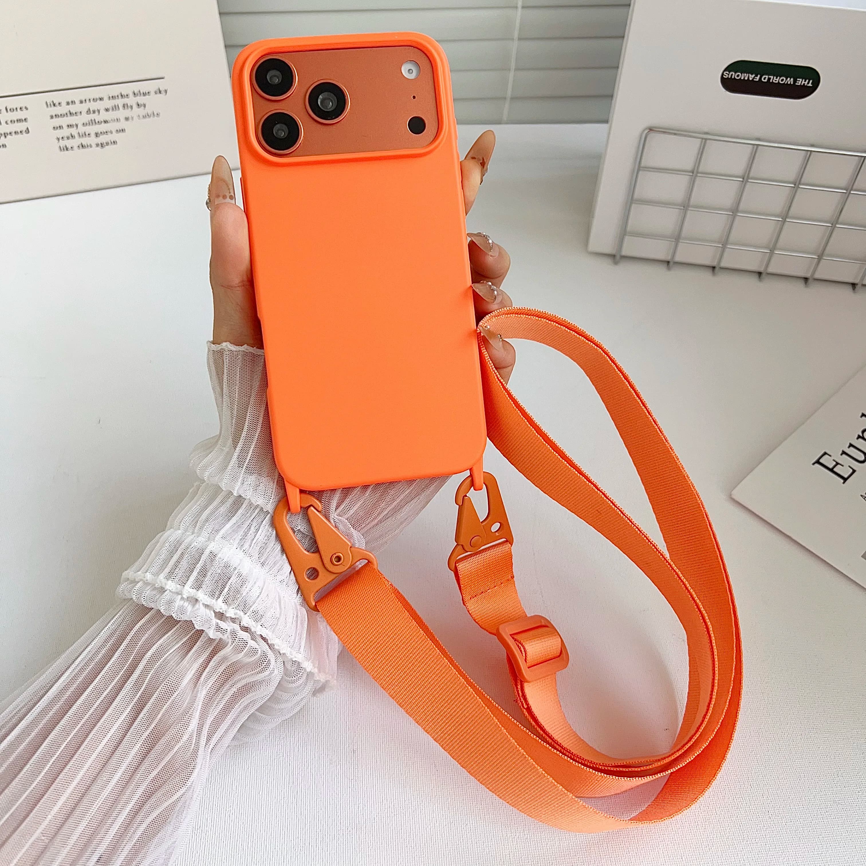 Matte silicone soft case with shoulder strap for iPhone 17 Pro Max 16 12 11 15 Pro 13 14 Plus Shock-resistant case with necklace strap