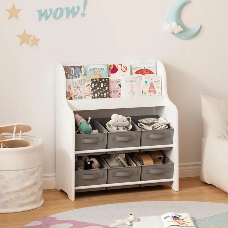 Kids shelf with 6 fabric containers, multifunctional library and toy organizer, front display for games room, bedroom,