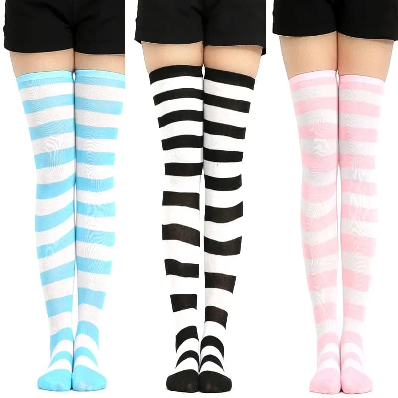 Kawaii Anime giapponese sopra il ginocchio calza cosplay Meias Lolita collant calze autoreggenti a righe blu e bianche in vendita