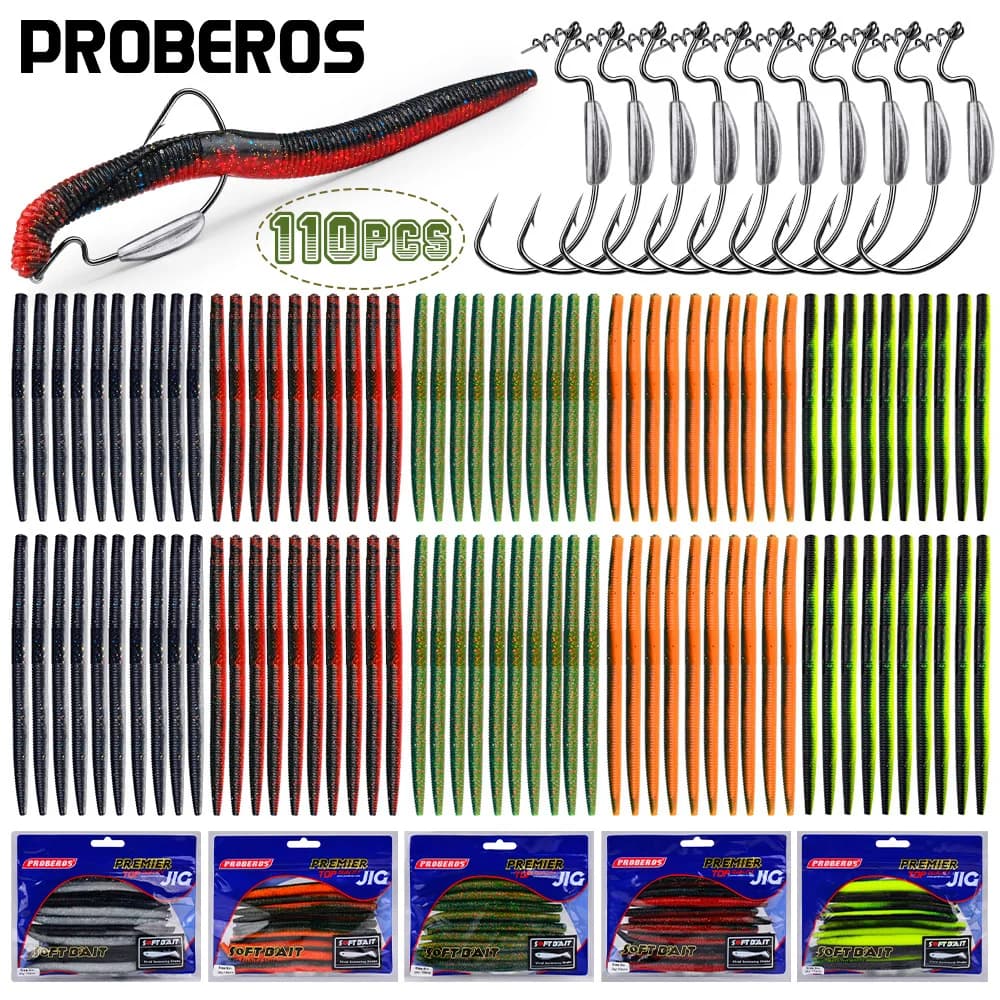 PROBEROS 110 pcs Recalling Soft Fishing Combo 100 pcs Soft bait + 10 pcs Fishing hooks Artificial plastic bait Fishing set Fishing set