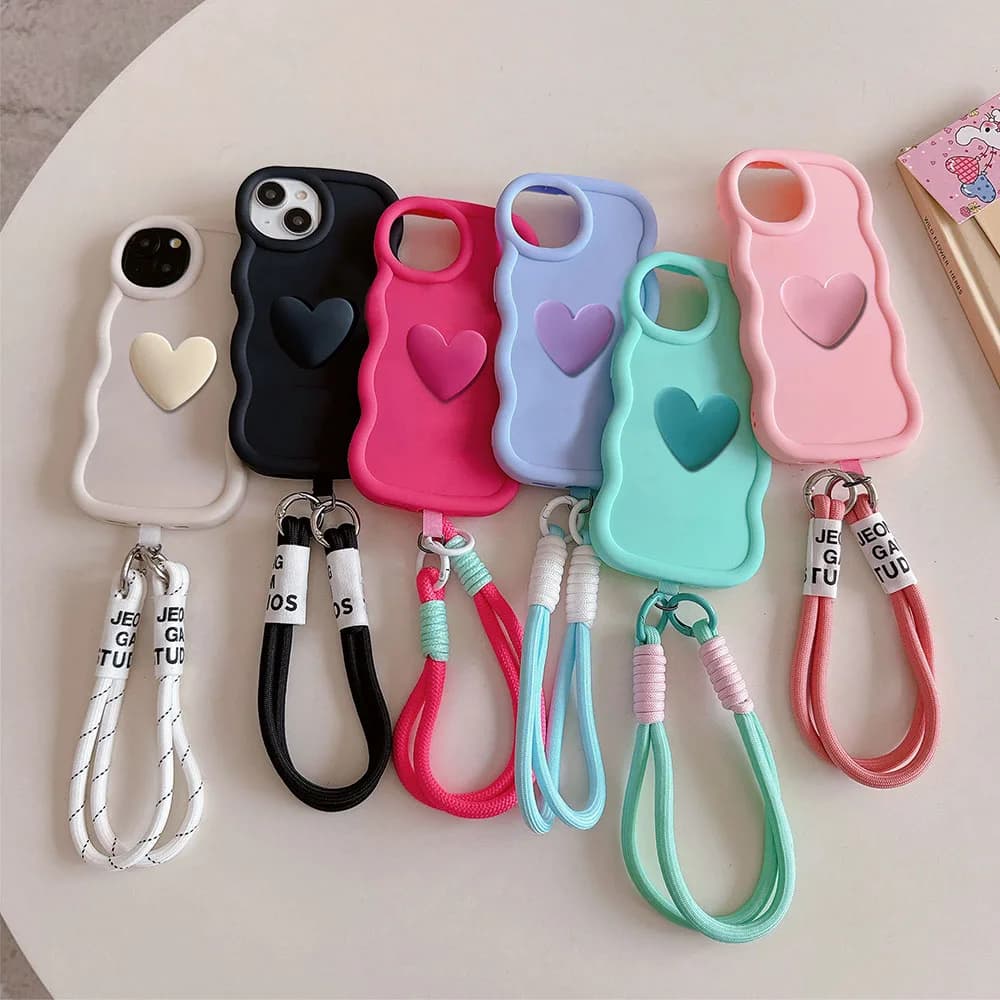 3D Love Heart Rope Lanyard Phone Case For Samsung Galaxy S25 S24 S23 FE Plus S22 Ultra S21FE S20FE A06 A16 A05 A05S Tpu Cover