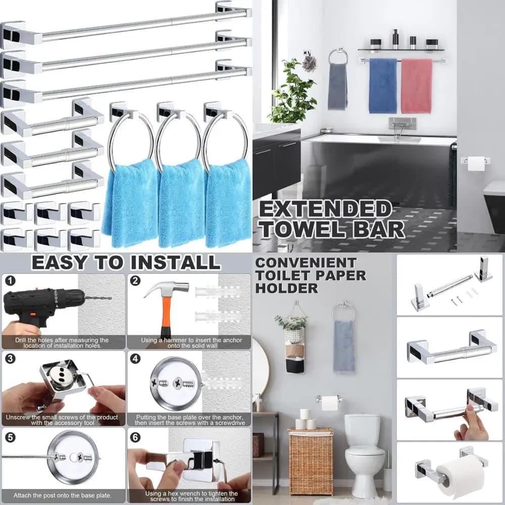 Set di accessori per il bagno in acciaio inossidabile: portasciugamani da 15 pezzi, anello, accessori per ganci per accappatoio per l'arredamento del bagno moderno