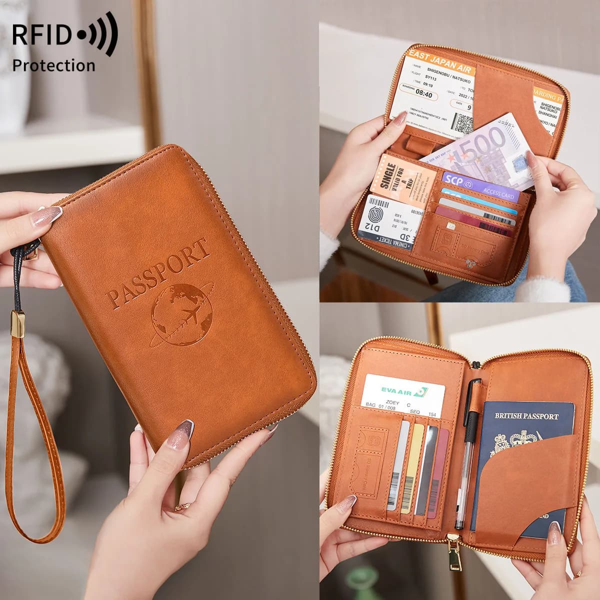 Porta passaporto con blocco RFID Portafoglio da viaggio portatile Organizzatore con cerniera con slot per carte Tasca per biglietti e cinturino da polso per donna uomo