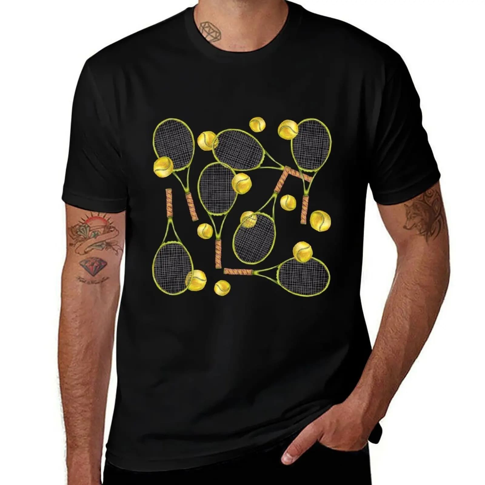 Tennis pencil racks and coloured balls. Basic light sports t-shirt