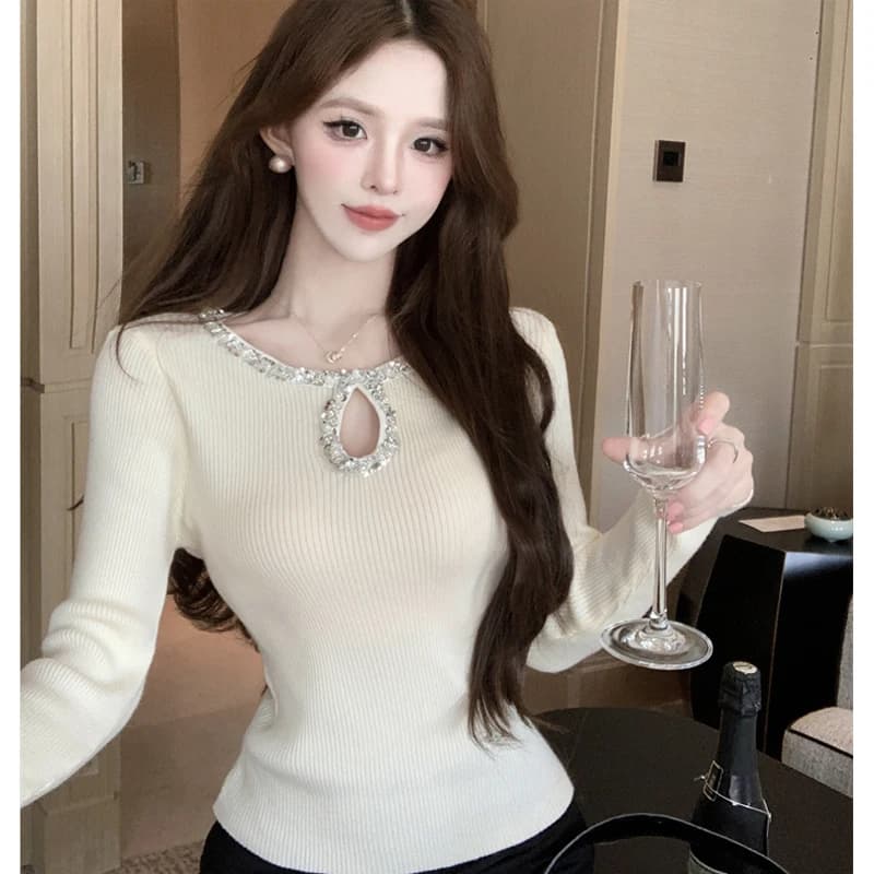Pullover da donna girocollo moda coreana top slim fit camicia lavorata a maglia scavata maglione autunno inverno con diamanti