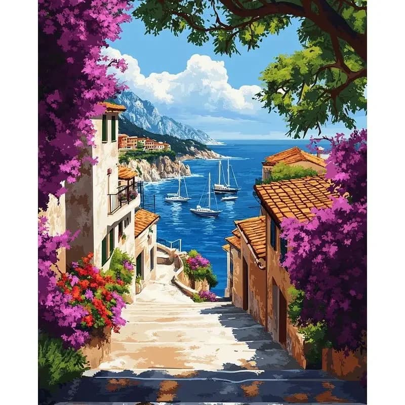 PhotoCustom Diy Paint By Numbers Coastal Buildings Kits Acrylic Paints By Numbers For Adult Home Decor Gift