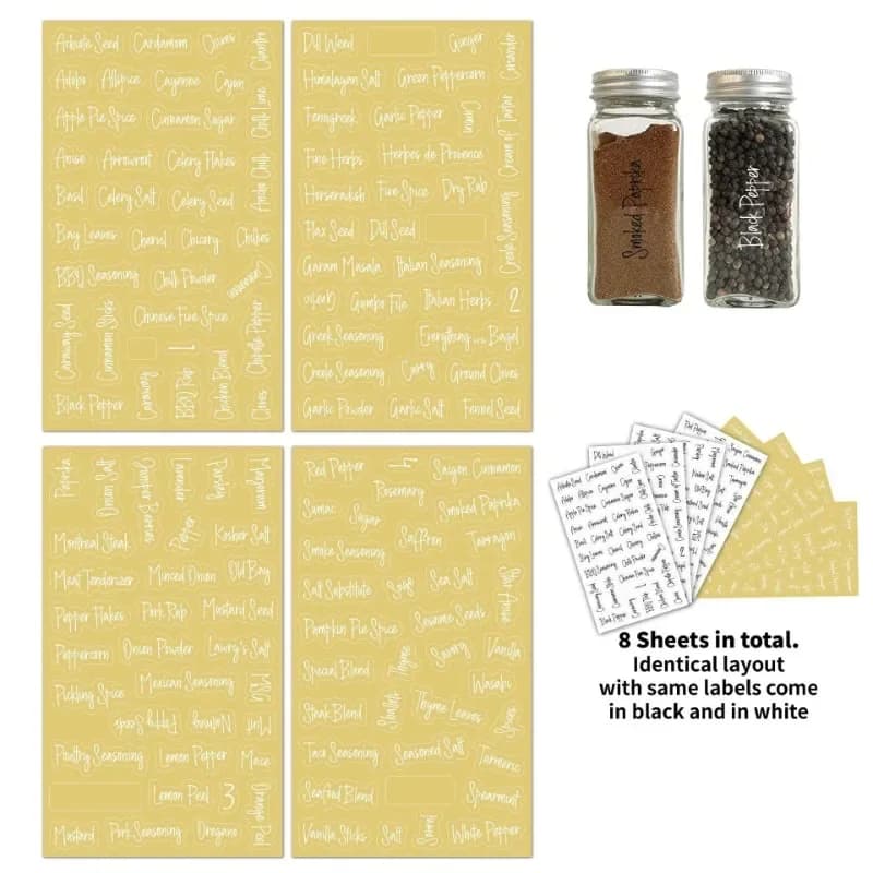 8 fogli/set Etichette per spezie trasparenti Pre stampate Adesivi per barattoli da cucina con lettere bianche nere impermeabili per lattine autoadesive