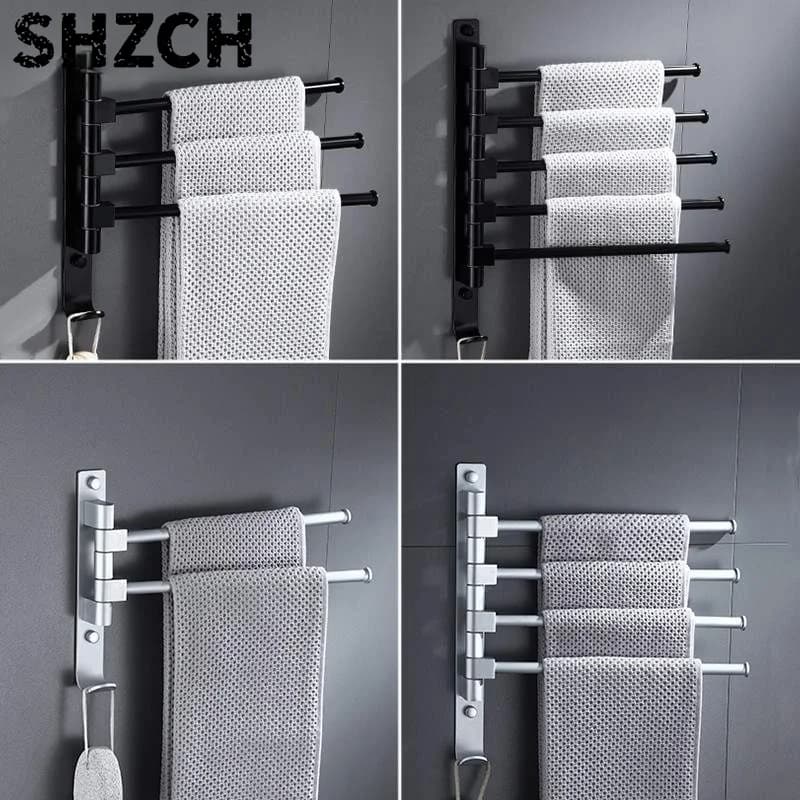 Wall Mounted Towel Holder Swing Hanger Bathroom Swivel Towel Bar Rotating Rack Stainless Steel with Hook Space