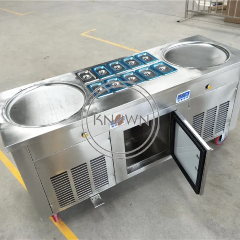 Double Plate Fried Ice Cream Machine, Coated Ice Cream Machine with Fruit and Yogurt, with Refrigeration