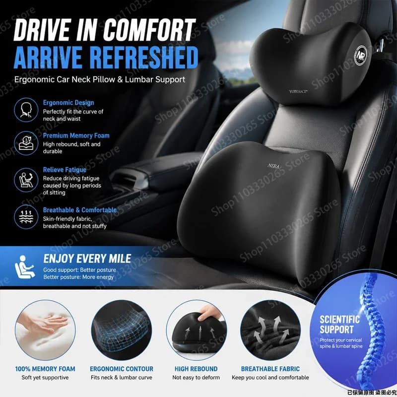 Set Cuscino per Collo e Supporto Lombare per Auto, Cuscino Ergonomico in Memory Foam, Allevia la Fatica per un Comfort Duraturo durante la Guida
