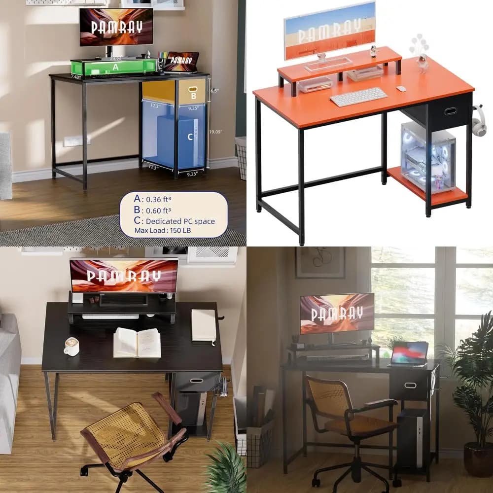 Office compact desk 39 with monitor support, storage drawer, for domestic use or in bedroom - Orange