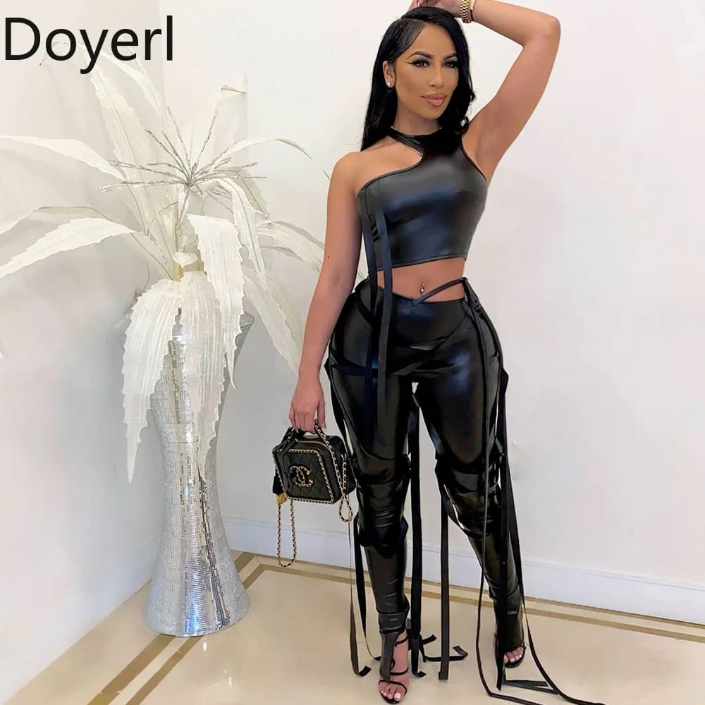Doyerl PU Faux Leather Two Piece Outfits Woman Y2K Party Night Club Halter Crop Top and Ribbons Pencil Pants Matching Sets Rave