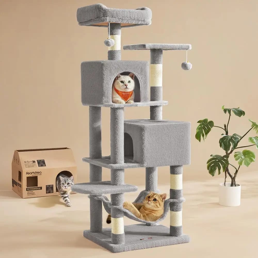Albero per gatti, torre per gatti alta 150 cm, cuccia multi-livello in peluche con 5 posti per grattare, 2 posatoi, 2 grotte, amaca, 2 ponpon, luce