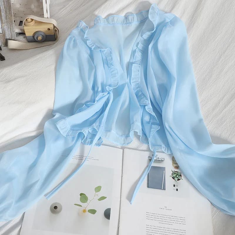 Cardigan Estivo da Donna con Fiocco in Pizzo e Volant, Stile Coreano Y2K, Blusa Protettiva Solare Bianca da Donna