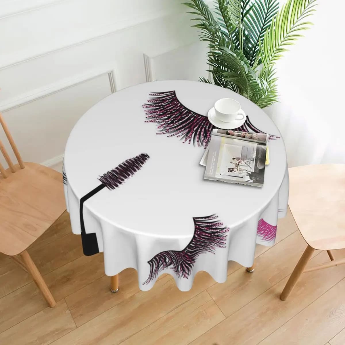 Eyelashes and Mascara with Pink Glitter Pattern Waterproof Round Tablecloth Oil-resistant table cover
